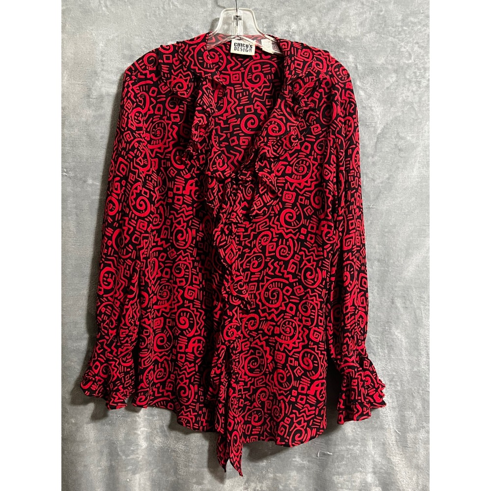 Chico's Design Size 2 Red Black 100% Silk Ruffle Blouse Abstract Art To Wear